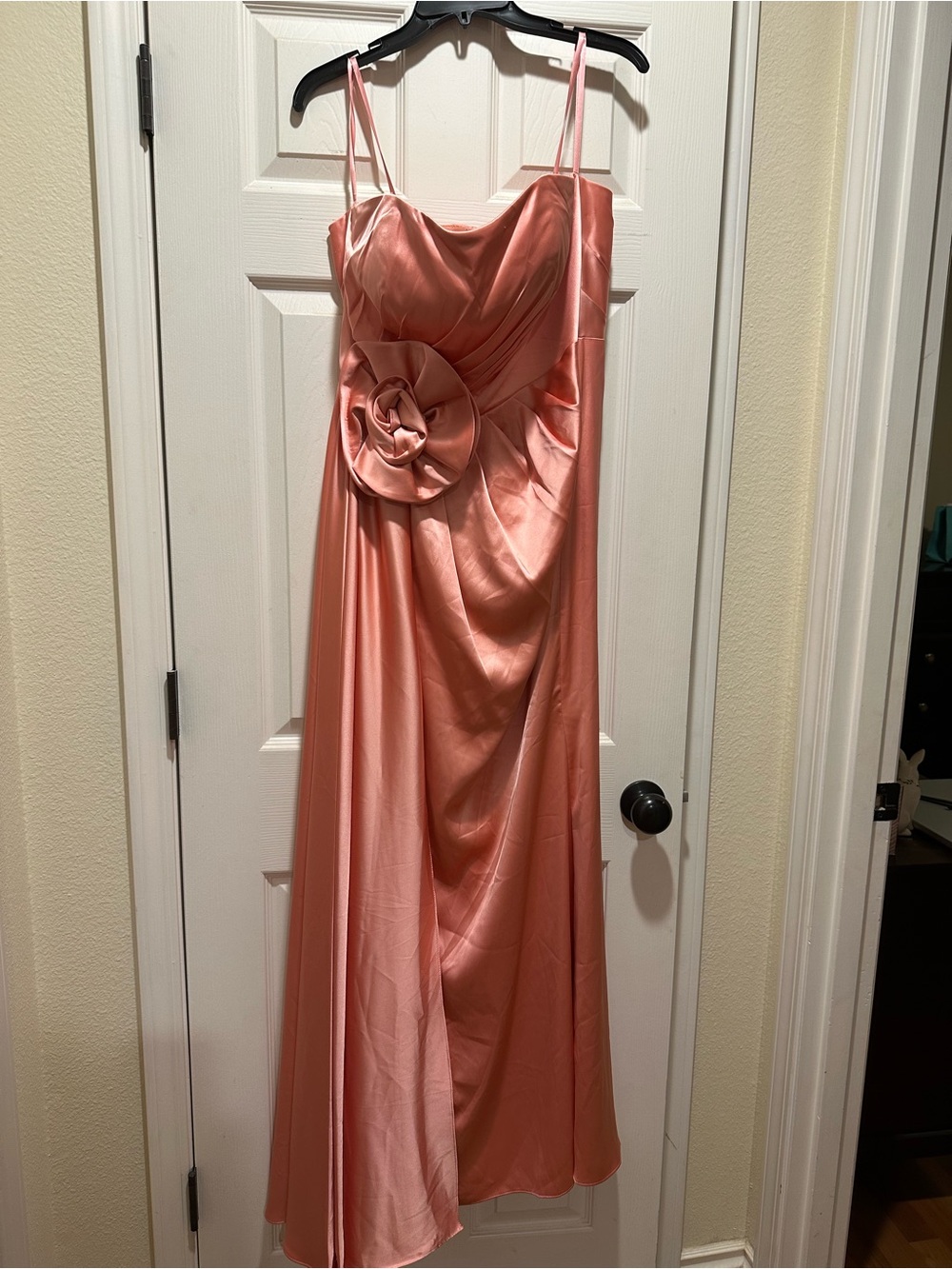 Mac Duggal Strapless Satin Gown in Coral Pink with 3D Floral Rosette